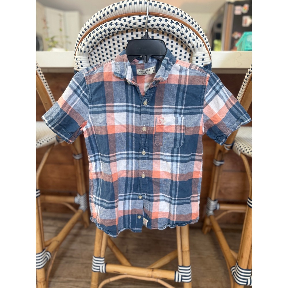 Abercrombie Kids Boys 11/12 Blue Orange Plaid Short Sleeve Button Down Shirt